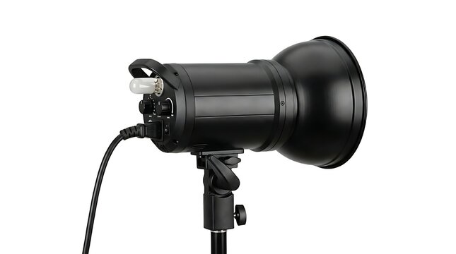 Professional Studio Flash Strobe Light on Stand Isolated on White Background
