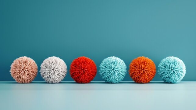 Abstract composition of colorful pastel pom poms and vibrant fuzzy spheres with soft textures