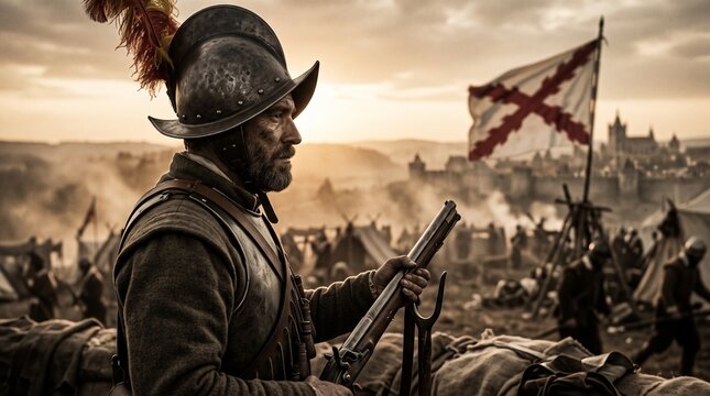 A soldier from the Spanish Tercios carrying an arquebus. In the background is the Burgundian cross