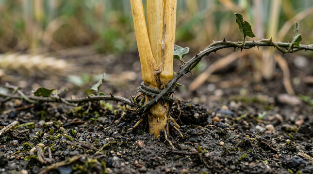 The Parable of the Wheat and the Tares. Servants discovering poisonous weeds growing identical to, and intertwined with, the golden wheat
