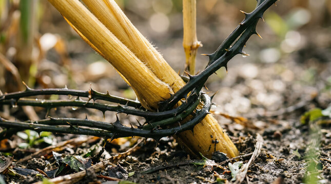 The Parable of the Wheat and the Tares. Servants discovering poisonous weeds growing identical to, and intertwined with, the golden wheat