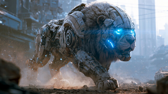 Futuristic robotic lion walking through ruined cyber city, metallic armor plating, glowing blue eyes, dust particles in air, cinematic sci-fi lighting