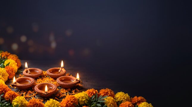 happy dewali background with diya and marigold