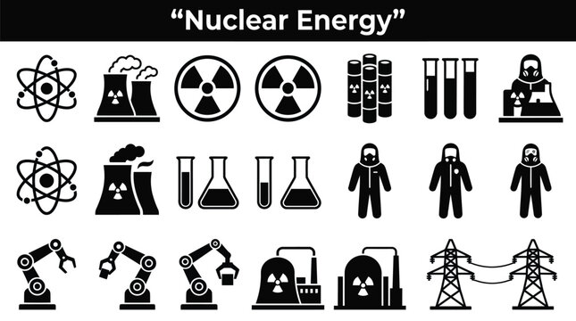Nuclear energy icon set showing atomic structure, power plants, radiation, and scientific equipment in black style
