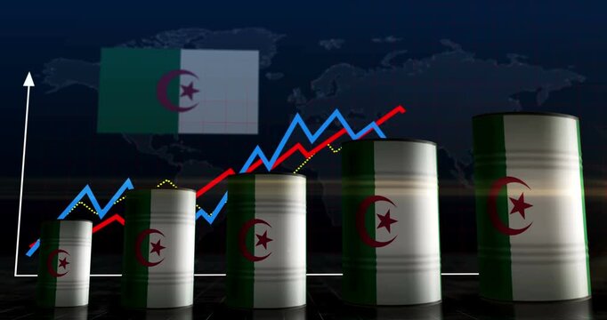 Algeria oil business and fuel extraction barrels on growing chart. Algerian petrol industrial metal containers with increase statistic diagram.