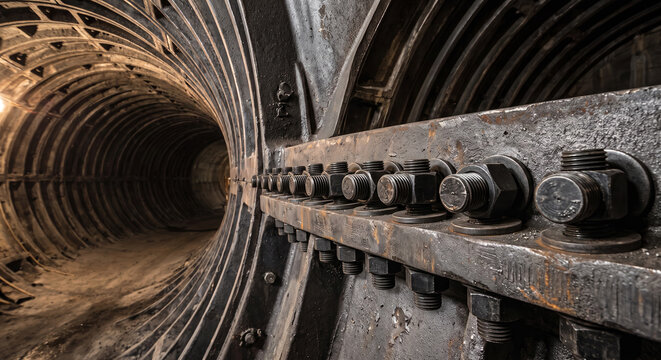 Massive steel tunnel structure secured with heavy duty industrial bolting.