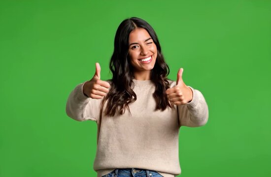 Smiling young woman showing thumbs up gesture with both hands, expressing approval and success.