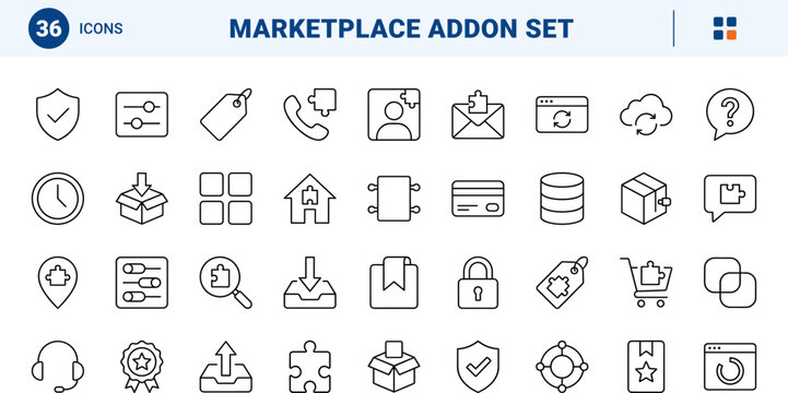 Plugin marketplace line icon set. Vector pictograms of extension, addon, software, and integration elements, thin linear illustration.