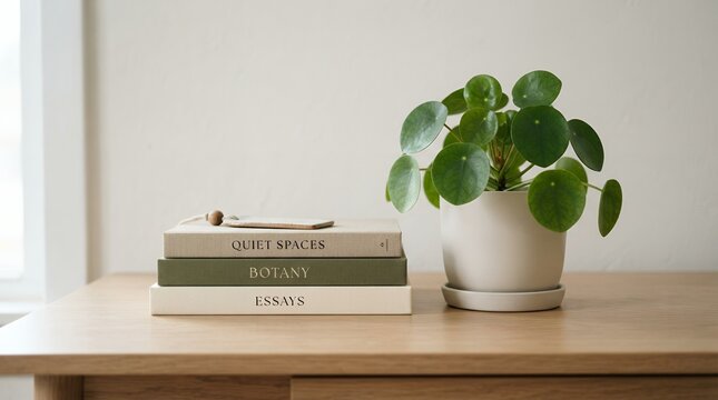 Stack of books with a potted plant on a wooden table near a window.