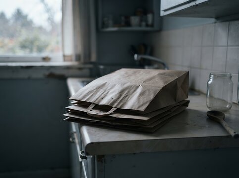 Stack of brown paper bags on a kitchen counter.