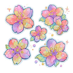 Obraz premium Rainbow Pastel Cherry Blossom Sticker Set — Hand Drawn Sakura Flower Clipart with Sparkles