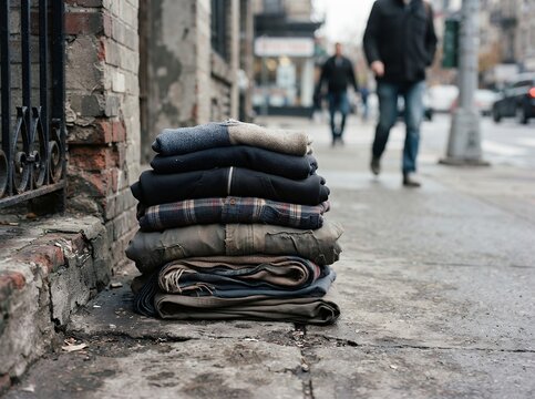 Stack of folded clothes on a city sidewalk with people walking by.