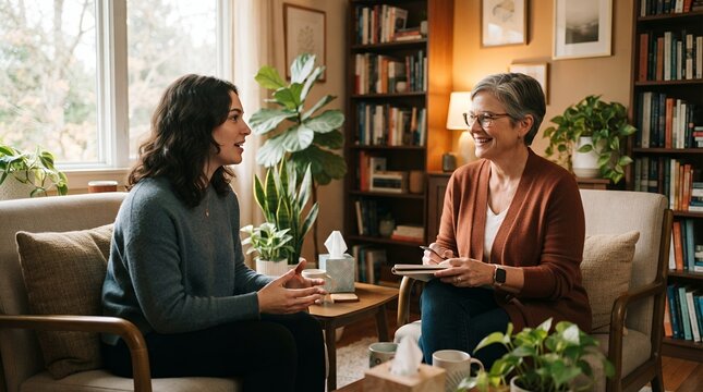Therapist and patient talking in a cozy office setting.