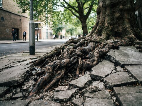 Tree roots breaking through city pavement and sidewalk.