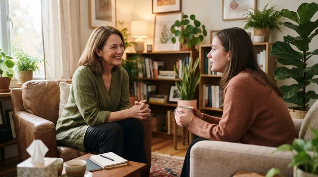 Two women talking in a cozy living room during a therapy session.