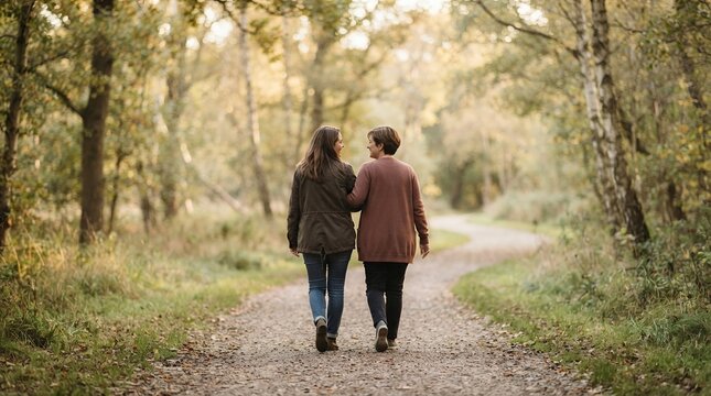 Two women walking on a forest path during autumn.