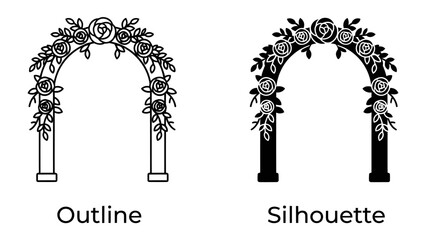 Floral Wedding Arch Outline and Silhouette: Two distinct styles of a wedding arch adorned with roses and leaves, presented as a detailed outline and a solid silhouette.