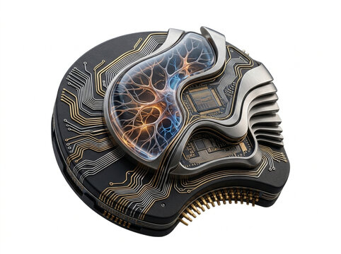 Intricate futuristic circuit board design emulating neural network structure with highlighting intersection technology biology showcases complex futuristic studio shot