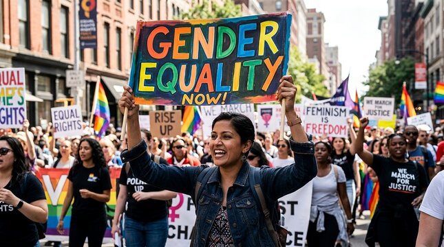 Woman Holds Gender Equality Sign at Pride Parade.
