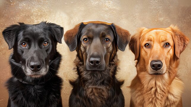 Collage of six dog portraits on neutral beige background for veterinary or commercial avatar use
