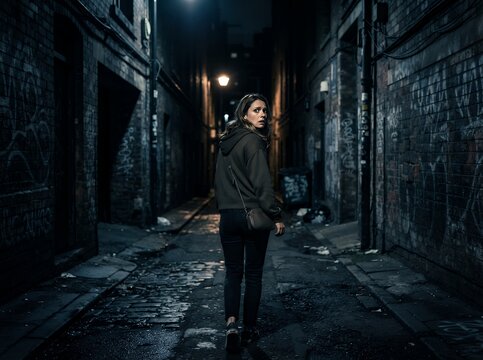 Woman walking alone in dark urban alleyway at night.