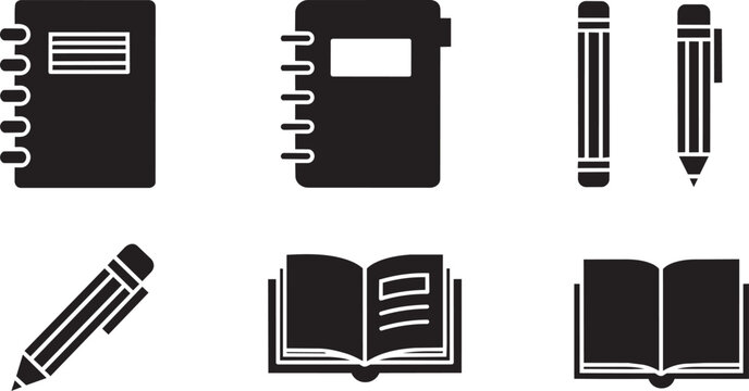 Minimalist stationery icon set, black solid notebook and pencil vector symbols, office supplies and education equipment collection for web design