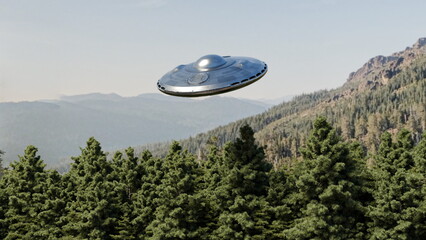 UFO silver flying saucer is seen hovering above dense group of tall trees in mountainous areunder clear sky. time appears to be daytime with good visibility. 3d render © angel_nt