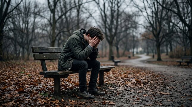 Young Man Sitting Alone on Park Bench Feeling Sad and Depressed.