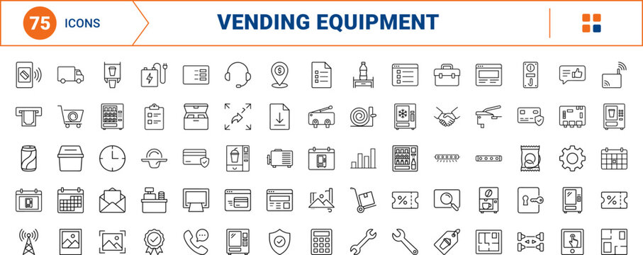 Vending machine company line icon set. Vector pictograms of equipment, services, parts, and interface elements, thin linear illustration.