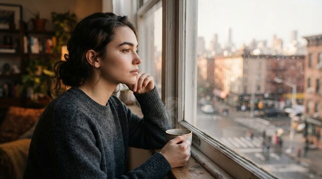 Young woman looking out window holding coffee cup thoughtful mood.
