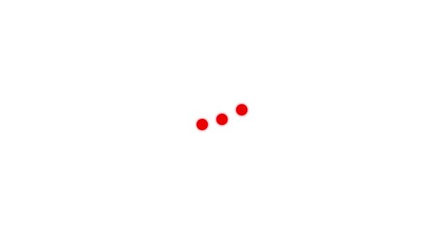 Three small red circular dots arranged in a diagonal row in the center of a solid white background representing a simple digital loading indicator