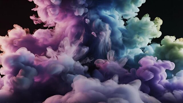 Colorful abstract smoke clouds with gradient purple blue and green hues on black background