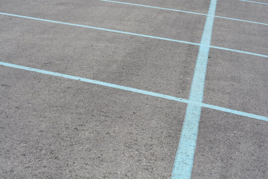 An angled view of empty parking spaces marked with painted blue grid lines on a grey asphalt surface