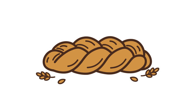 Braided bread loaf of fresh challah or brioche with wheat ears and seeds on a clean white background.