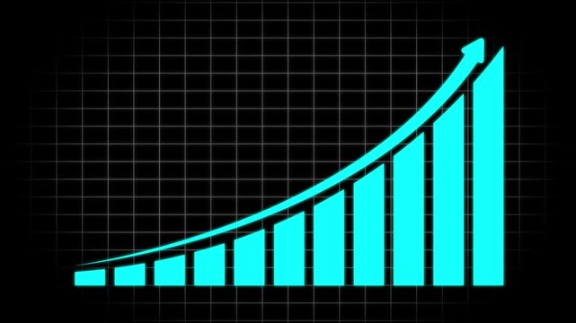 Bright cyan bar chart showing upward growth trend on a dark grid background for financial analysis and business data visualization concepts