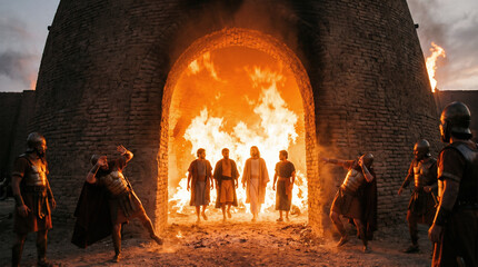 Naklejka premium Shadrach, Meshach, and Abednego walking entirely unharmed inside a roaring, white-hot fiery furnace, accompanied by a fourth divine figure
