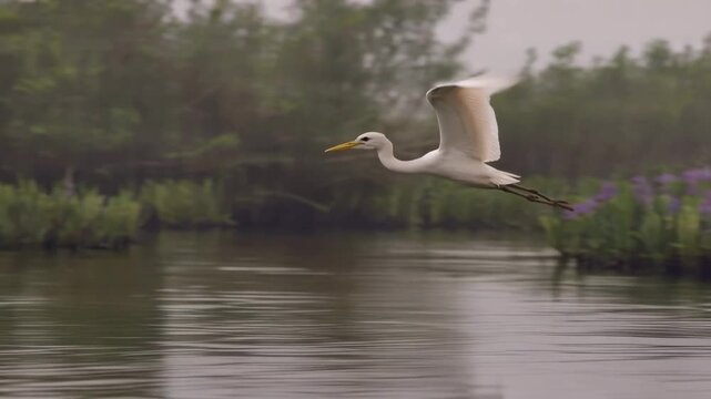 Great egret flying low over calm swamp water with purple blooming pickerel weed flowers in misty morning light cinematic nature footage.