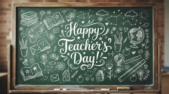 A festive green chalkboard featuring elegant white hand drawn lettering that celebrates teachers day with creative school themed doodles and academic icons for educational backgrounds
