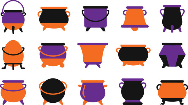 Set of various witch cauldrons and magic pots in orange purple and black colors for halloween holiday design elements