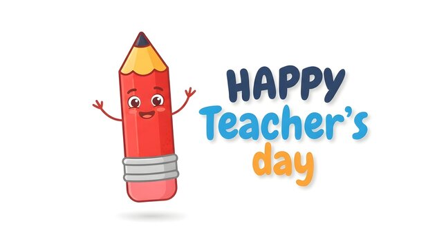 A cheerful cartoon pencil character celebrating teachers day with colorful lettering on a white background perfect for educational greeting cards and school related social media