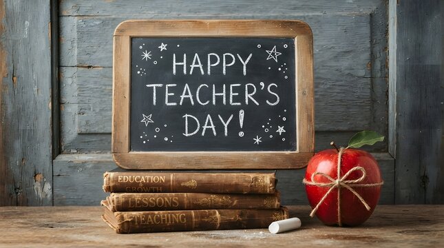 A rustic wooden chalkboard with the text happy teachers day written in chalk resting on a stack of vintage books with a red apple nearby