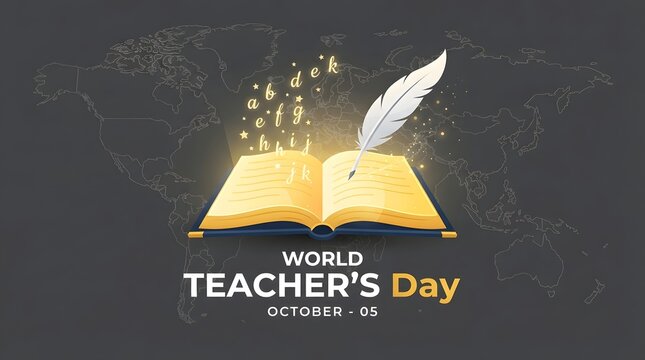 An open book with a quill pen and glowing educational icons celebrating world teachers day with a dark background for academic and inspirational school themes