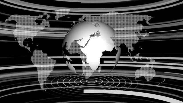 Monochrome digital map background with a central globe and curved horizontal lines for broadcast news presentation and media interface
