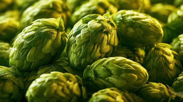 Close-up macro of fresh hop cones, the texture and color vivid, warm light, documentary brewing ingredient photography