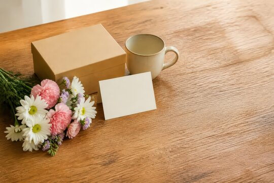 Gift box mug bouquet and blank card on wooden table