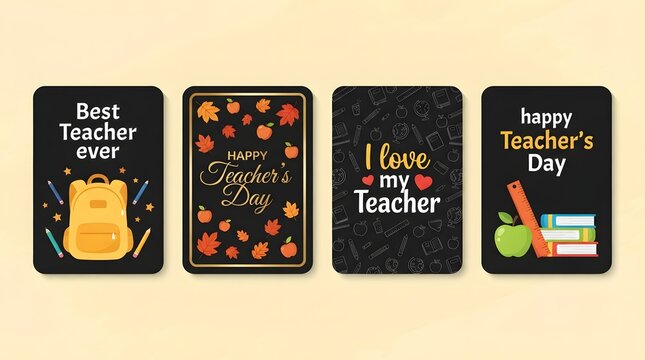 A set of four decorative greeting cards featuring chalkboard backgrounds and colorful typography designs to celebrate the special occasion of annual teachers day event festivities