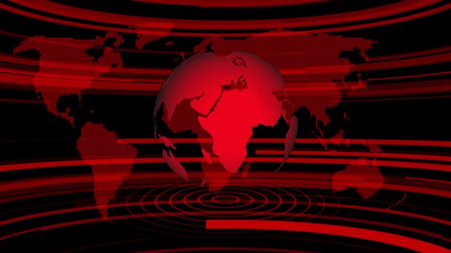 Red digital globe with map background and glowing circular lines for global news broadcast or international business communication concept