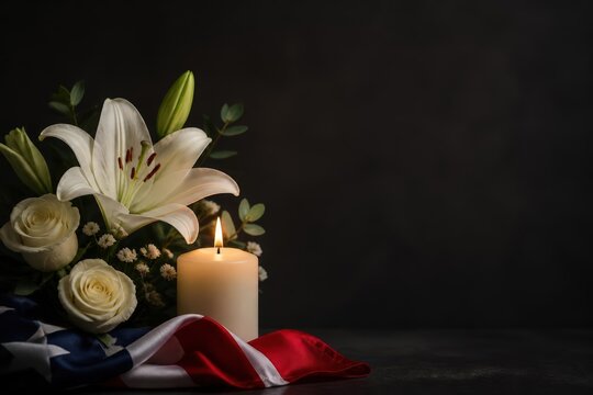 White lily bouquet with candle and flag drape