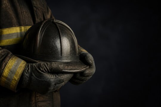 Worn firefighter helmet held by gloved hands