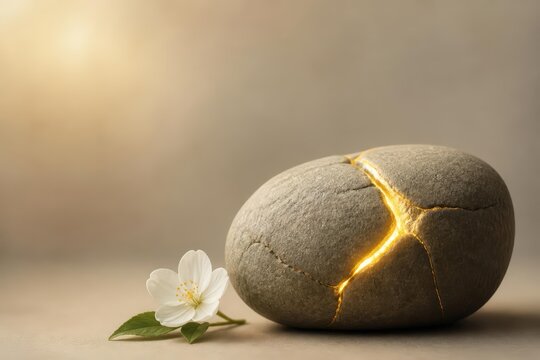 Stone with golden repaired crack and white blossom